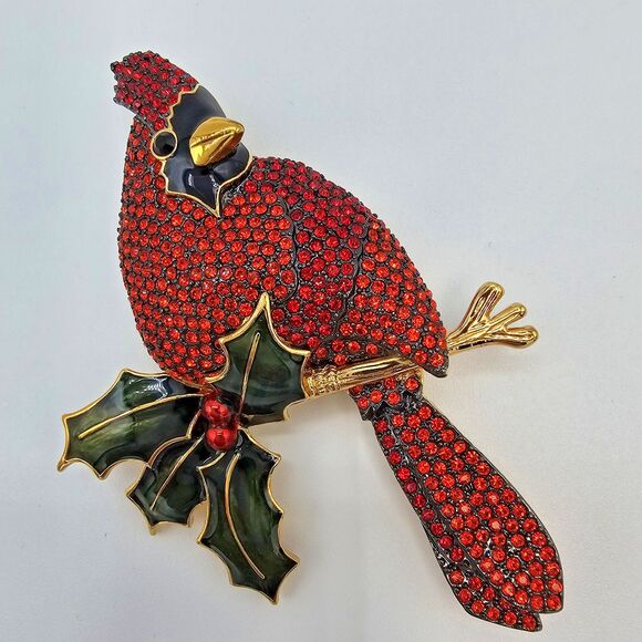 Joan Rivers Cardinal Brooch Vtg Pave Crystal Bird Enamel Holly Holiday Winter - Picture 2 of 14